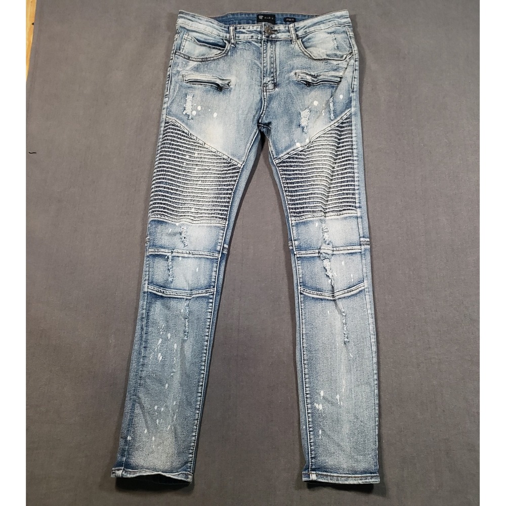 Waimea Moto Skinny Jeans Mens 34x32 Light Blue Distressed Paint Splatter Biker